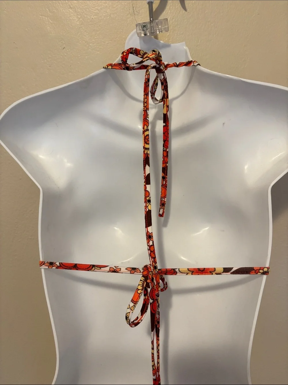 Retro Floral Halter Bikini Top in Orange & Brown